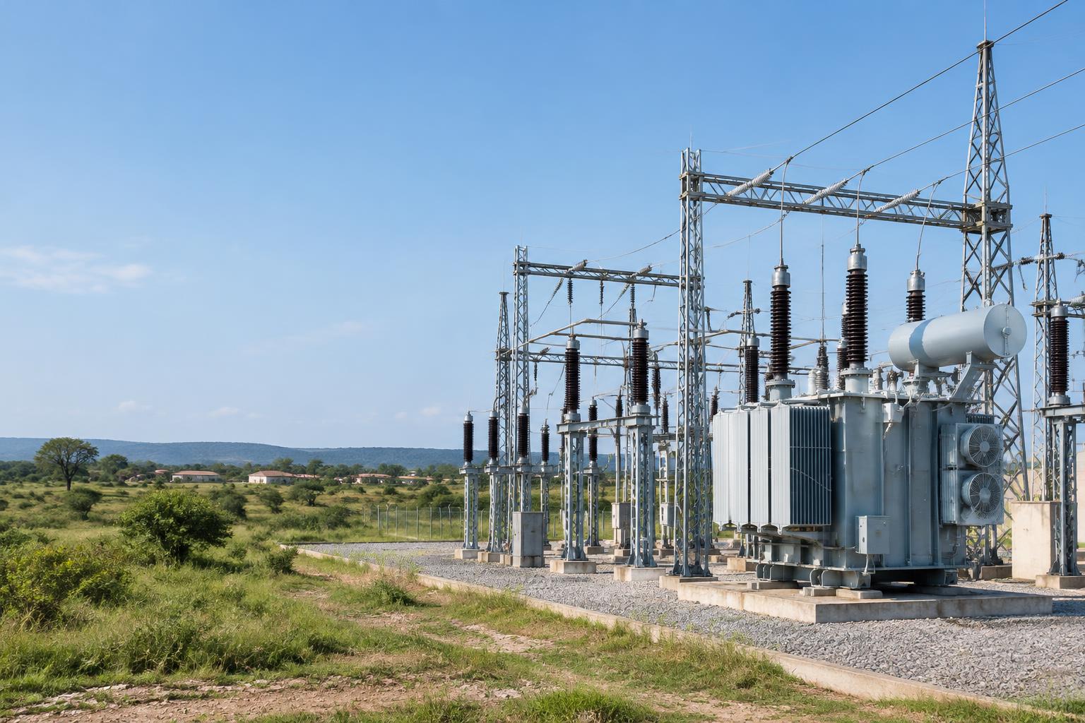 Electrical distribution substation amid an Angolan landscape — illustrative image